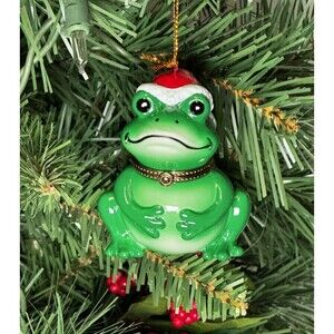 Frog Santa Hat Porcelain Hinged Surprise Gift Trinket Box Christmas Ornament